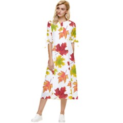 Bright Autumn Leaves Bow Sleeve Chiffon Midi Dress by SychEva