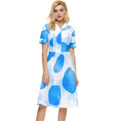 Cloudy Watercolor, Blue Cow Spots, Animal Fur Print Button Top Knee Length Dress