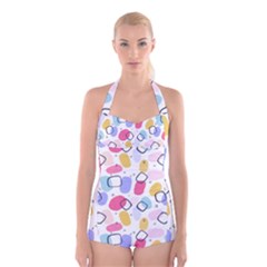 Abstract Multicolored Shapes Boyleg Halter Swimsuit 