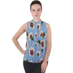 Hibiscus Flowers Mock Neck Chiffon Sleeveless Top by SychEva