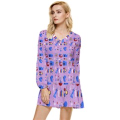 Pink 50s Pattern Tiered Long Sleeve Mini Dress