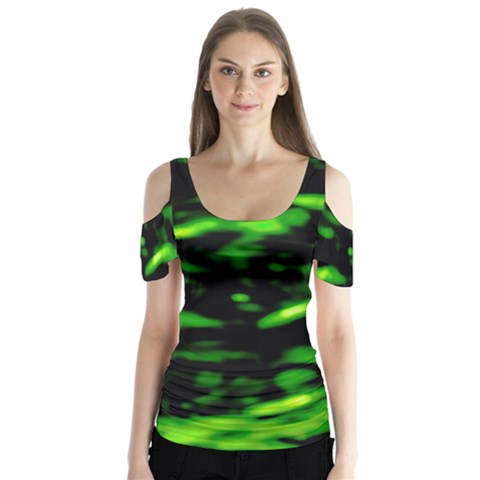 Green  Waves Abstract Series No3 Butterfly Sleeve Cutout Tee  by DimitriosArt