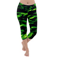 Green  Waves Abstract Series No3 Lightweight Velour Capri Yoga Leggings by DimitriosArt