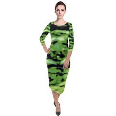 Green  Waves Abstract Series No11 Quarter Sleeve Midi Velour Bodycon Dress by DimitriosArt