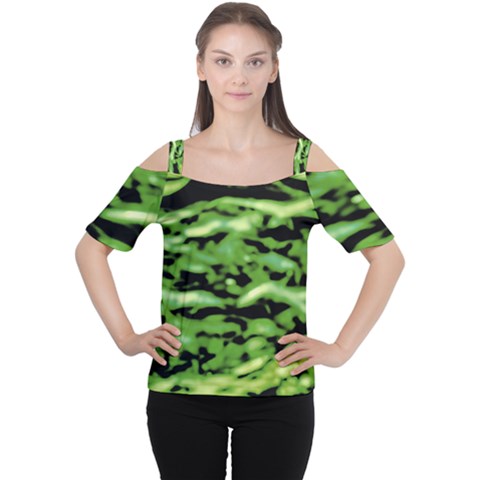 Green  Waves Abstract Series No11 Cutout Shoulder Tee by DimitriosArt