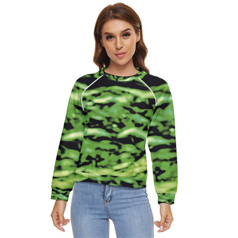 Green  Waves Abstract Series No11 Women s Long Sleeve Raglan Tee by DimitriosArt