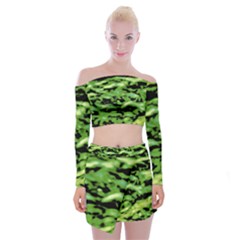 Green  Waves Abstract Series No11 Off Shoulder Top With Mini Skirt Set by DimitriosArt