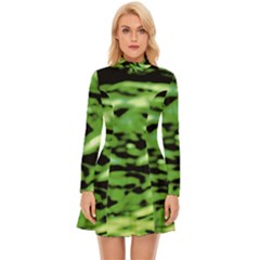 Green  Waves Abstract Series No11 Long Sleeve Velour Longline Dress by DimitriosArt