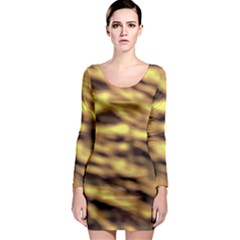 Yellow  Waves Abstract Series No10 Long Sleeve Bodycon Dress by DimitriosArt