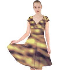 Yellow  Waves Abstract Series No10 Cap Sleeve Front Wrap Midi Dress by DimitriosArt