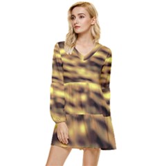 Yellow  Waves Abstract Series No10 Tiered Long Sleeve Mini Dress by DimitriosArt