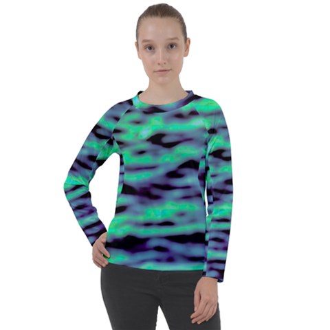 Green  Waves Abstract Series No6 Women s Long Sleeve Raglan Tee by DimitriosArt