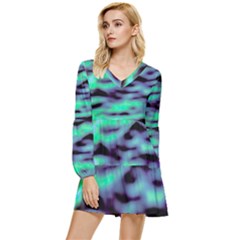 Green  Waves Abstract Series No6 Tiered Long Sleeve Mini Dress by DimitriosArt