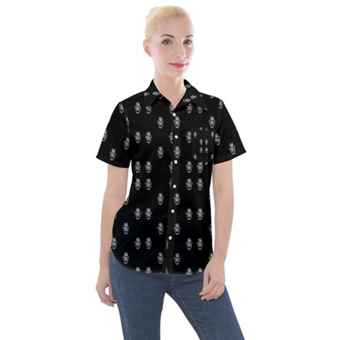 Black And White Sketchy Man Portrait Pattern Women s Short Sleeve Pocket Shirt by dflcprintsclothing