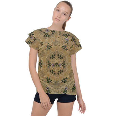 Wood Art With Beautiful Flowers And Leaves Mandala Ruffle Collar Chiffon Blouse by pepitasart