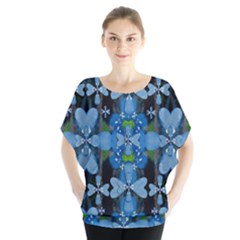 Rare Excotic Blue Flowers In The Forest Of Calm And Peace Batwing Chiffon Blouse