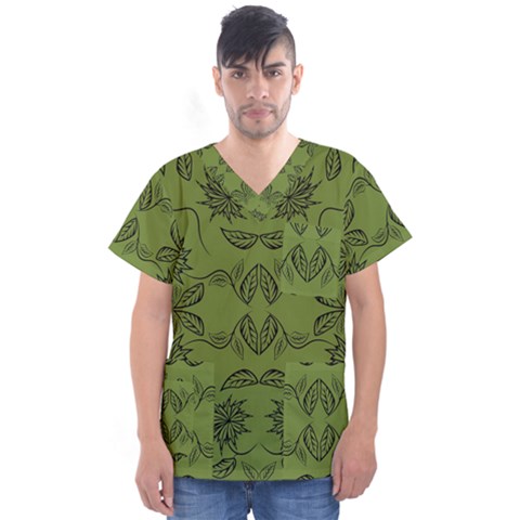 Floral Folk Damask Pattern Fantasy Flowers Floral Geometric Fantasy Men s V-neck Scrub Top by Eskimos