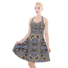 Floral Folk Damask Pattern Fantasy Flowers Floral Geometric Fantasy Halter Party Swing Dress  by Eskimos