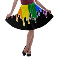 Gay Pride Flag Rainbow Drip On Black Blank Black For Designs A-line Skater Skirt by VernenInk