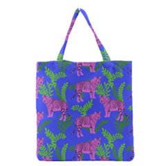 Pink Tigers On A Blue Background Grocery Tote Bag by SychEva