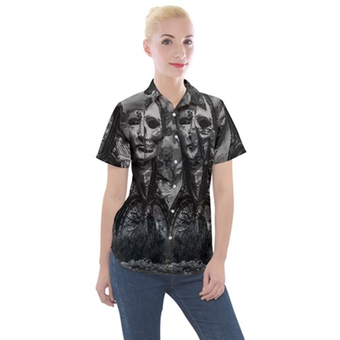 Bw Creepy Fantasy Scene Artwork Women s Short Sleeve Pocket Shirt by dflcprintsclothing