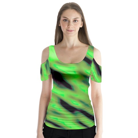 Green  Waves Abstract Series No7 Butterfly Sleeve Cutout Tee  by DimitriosArt