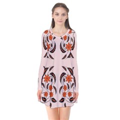 Floral Folk Damask Pattern  Long Sleeve V-neck Flare Dress by Eskimos