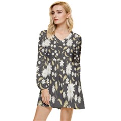 Folk Flowers Print Floral Pattern Ethnic Art Tiered Long Sleeve Mini Dress by Eskimos