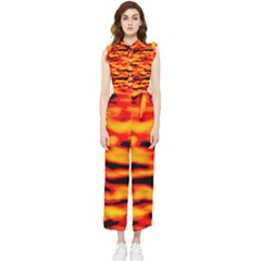 Red  Waves Abstract Series No14 Women s Frill Top Jumpsuit