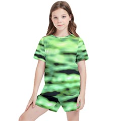 Green  Waves Abstract Series No13 Kids  Tee And Sports Shorts Set by DimitriosArt