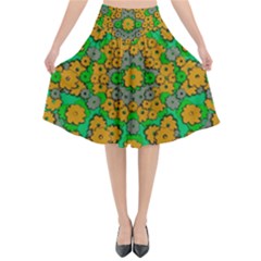 Stars Of Decorative Colorful And Peaceful  Flowers Flared Midi Skirt by pepitasart