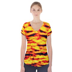 Red  Waves Abstract Series No16 Short Sleeve Front Detail Top by DimitriosArt