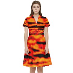 Red  Waves Abstract Series No17 Short Sleeve Waist Detail Dress