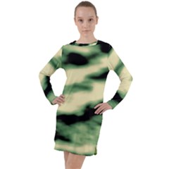 Green  Waves Abstract Series No14 Long Sleeve Hoodie Dress by DimitriosArt