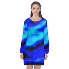 Blue Waves Abstract Series No13 Long Sleeve Chiffon Shift Dress  by DimitriosArt