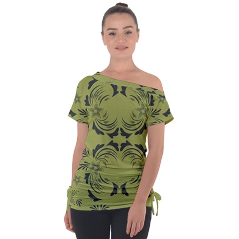 Floral Folk Damask Pattern Fantasy Flowers  Off Shoulder Tie-up Tee by Eskimos