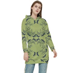 Floral Folk Damask Pattern Fantasy Flowers  Women s Long Oversized Pullover Hoodie