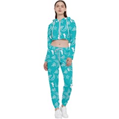 Folk Flowers Print Floral Pattern Ethnic Art Cropped Zip Up Lounge Set