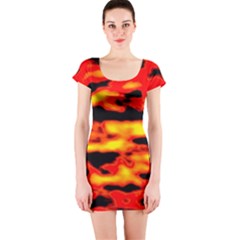 Red  Waves Abstract Series No17 Short Sleeve Bodycon Dress by DimitriosArt