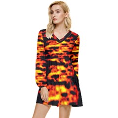 Red  Waves Abstract Series No18 Tiered Long Sleeve Mini Dress by DimitriosArt