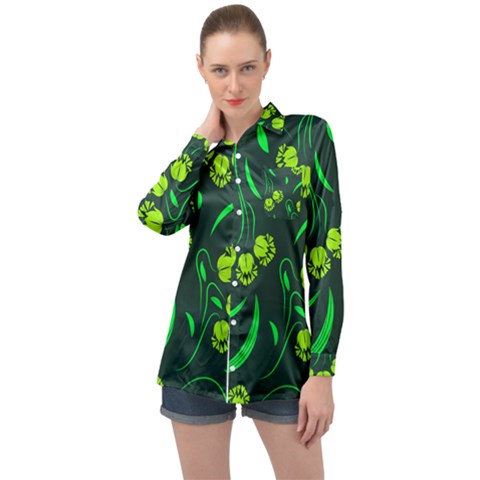 Folk Flowers Print Floral Pattern Ethnic Art Long Sleeve Satin Shirt by Eskimos