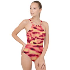 Red Waves Flow Series 4 High Neck One Piece Swimsuit by DimitriosArt