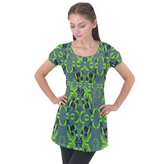 Floral Folk Damask Pattern  Puff Sleeve Tunic Top by Eskimos