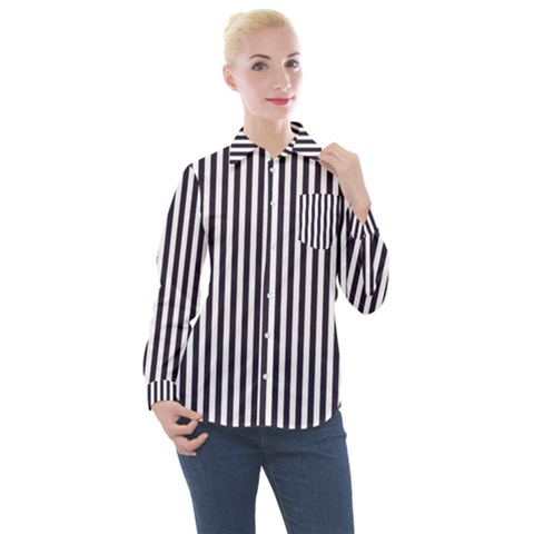 Minimalistic Black And White Stripes, Vertical Lines Pattern Women s Long Sleeve Pocket Shirt by Casemiro