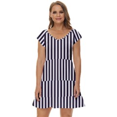 Minimalistic Black And White Stripes, Vertical Lines Pattern Short Sleeve Tiered Mini Dress