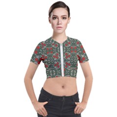 Floral Folk Damask Pattern Fantasy Flowers Floral Geometric Fantasy Short Sleeve Cropped Jacket by Eskimos