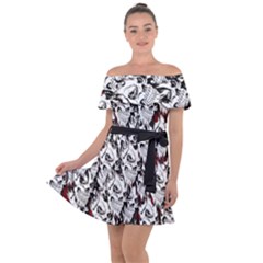 Demonic Skulls Pattern, Spooky Horror, Halloween Theme Off Shoulder Velour Dress by Casemiro