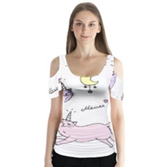  Cute Unicorn Cats Butterfly Sleeve Cutout Tee 