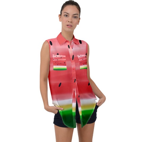 Painted Watermelon Pattern, Fruit Themed Apparel Sleeveless Chiffon Button Shirt by Casemiro