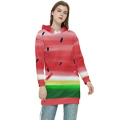 Painted Watermelon Pattern, Fruit Themed Apparel Women s Long Oversized Pullover Hoodie by Casemiro